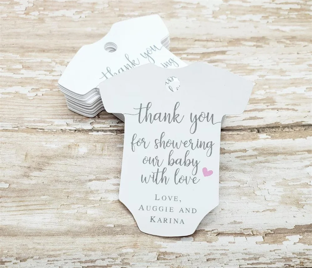 50PCS Thank you for showering our baby with love, baby shower tag, body suit shaped tag, baby sprinkle, baby clothes tag, baby