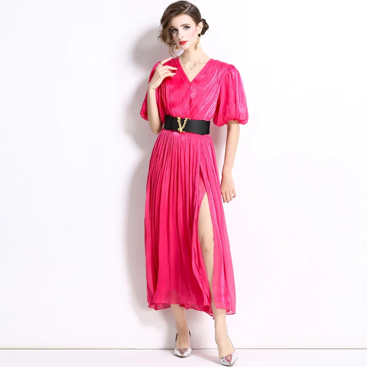 European and American Puffed Sleeve Compression Slimming Mid-length Dress Korean Version Maxi Dress