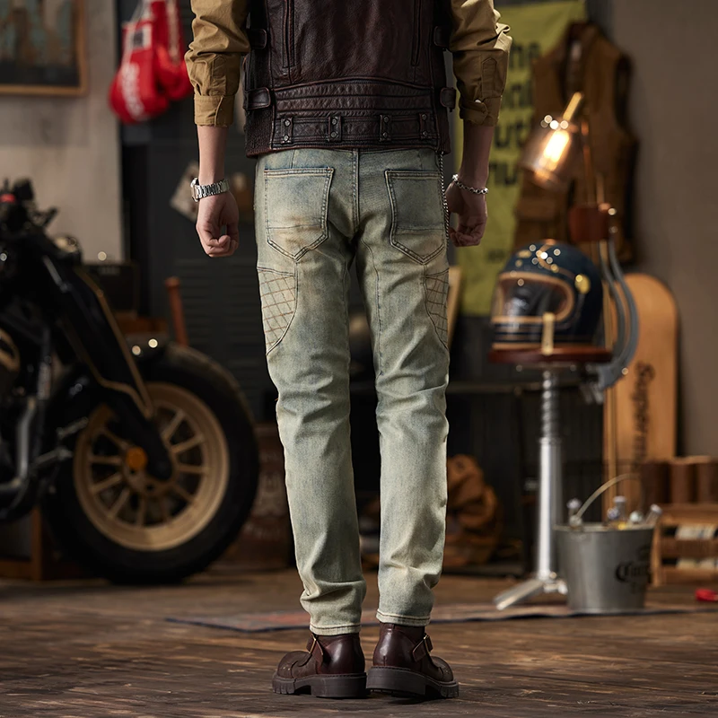 Retro Distressed Street Motorcycle Jeans Men's Stretch Tight Stretch Motorcycle Handsome Slim-Fitting Casual High-End Trousers