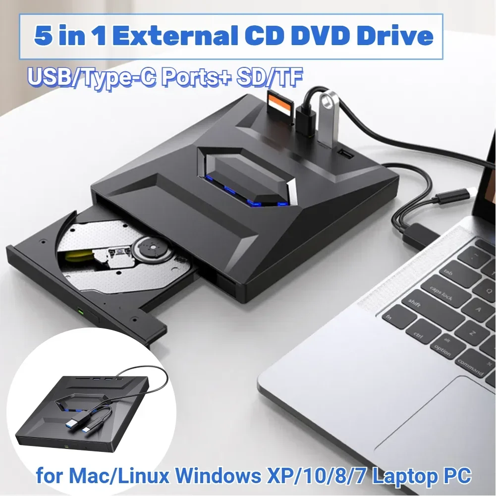 

USB3.0 DVD-приставка с портами USB/Type-C + SD/TF 5 в 1, устройство чтения карт памяти для Mac/Linux, Windows XP/10/8/7, портативных ПК