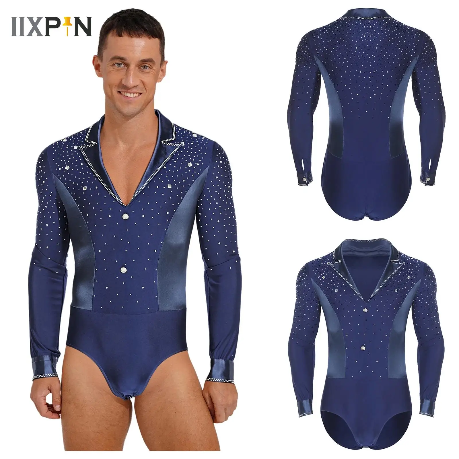 

Mens Latin Jazz Dance Jersey Leotard Bodysuit Shirt Top Glittery Rhinestones Gymnastics Figure Skating Ballroom Chacha Costume