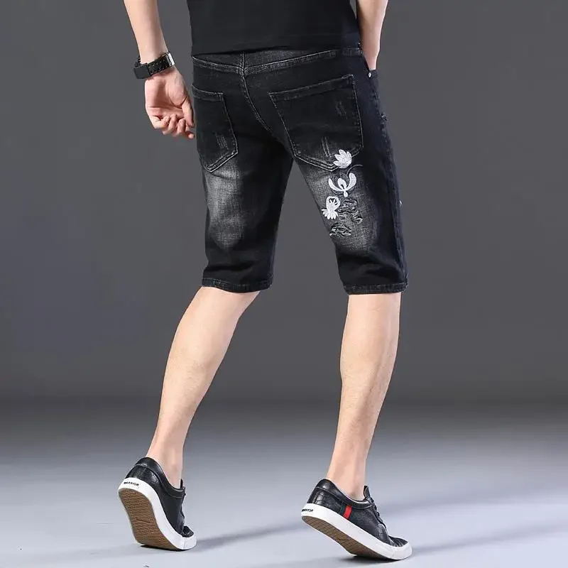 Men\'s Short Jeans Pants Bermuda Long Embroidery Male Denim Shorts Half Black Cowboy With Youthful Emo Rude Popular Trend 2024