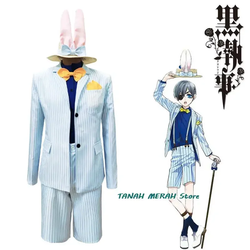 Anime Black Butler Ciel Phantomhive Cosplay Costume Smile Wig Little Rabbit Stripe Uniform Hat Man Woman Masquerade Ball Suit