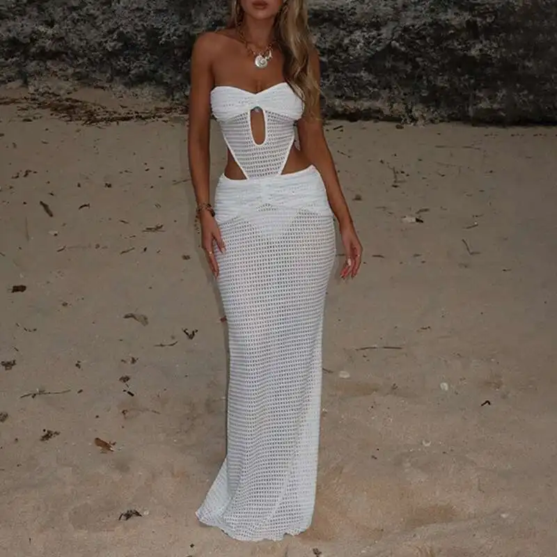 Nova cor sólida feminina sexy oco saia de malha biquíni praia cobrir protetor solar roupas sem costas bandagem magro maiô