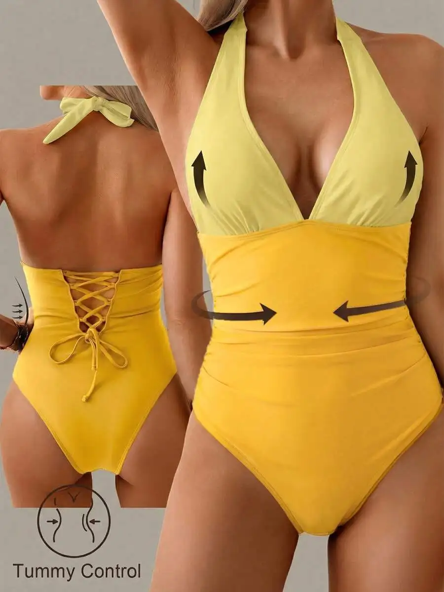 

High-Waisted Tummy Control Halter Neck Backless Lace-Up One-Piece Swimsuit With Color Block Design