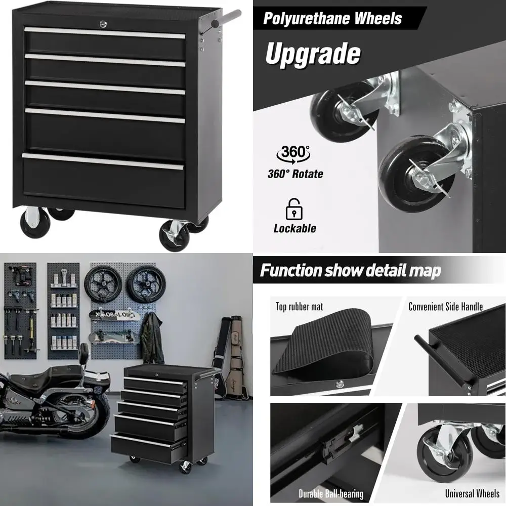 Cassettiera multifunzionale per attrezzi con 5 cassetti, carrello portaoggetti mobile per elementi essenziali per garage e officina