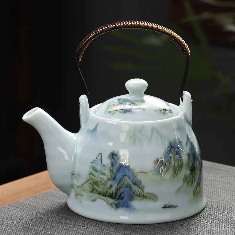 Blue White Porcelain Teapot Lifting Handle Tea Kettle Drinkware Gift Box