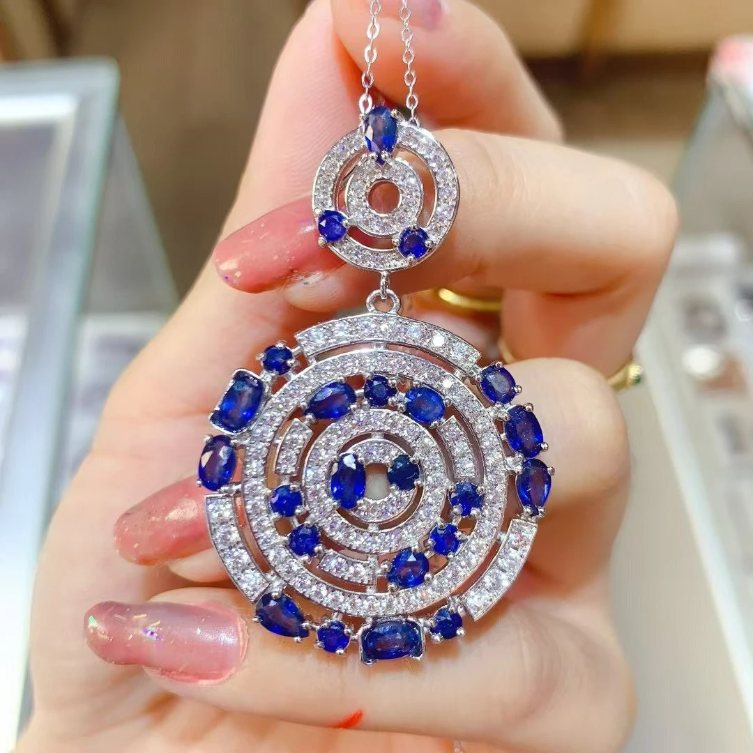 Natural Sapphire Pendant Necklace, 925 Silver Inlaid 3*4mm Main Stone, Multi-layer Ring Design, Free Silver Chain