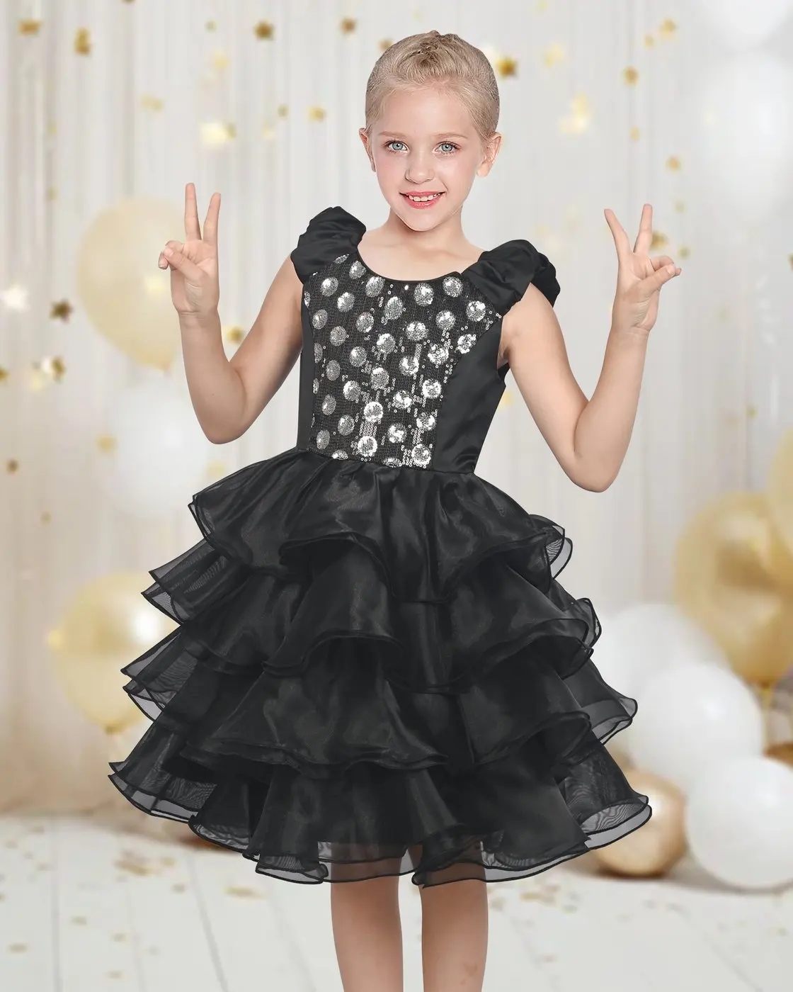 Girls Dress Black White Color Block Asymmetrical Lace Sequin Trim Ruffled Tiered Tulle Modern