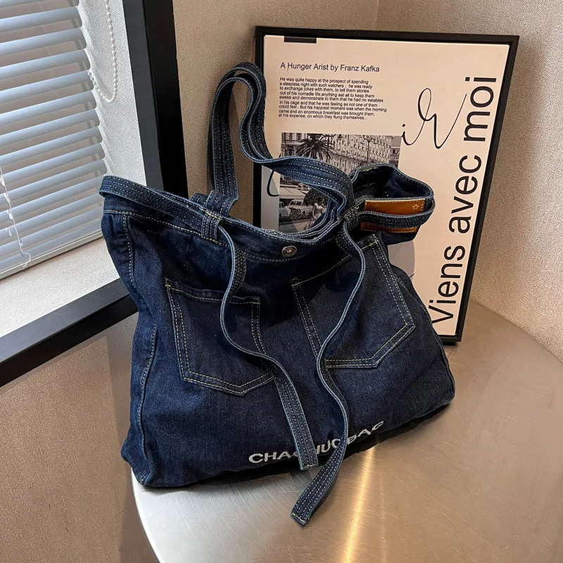 Japanese minimalist denim bag, female letter printed canvas bag