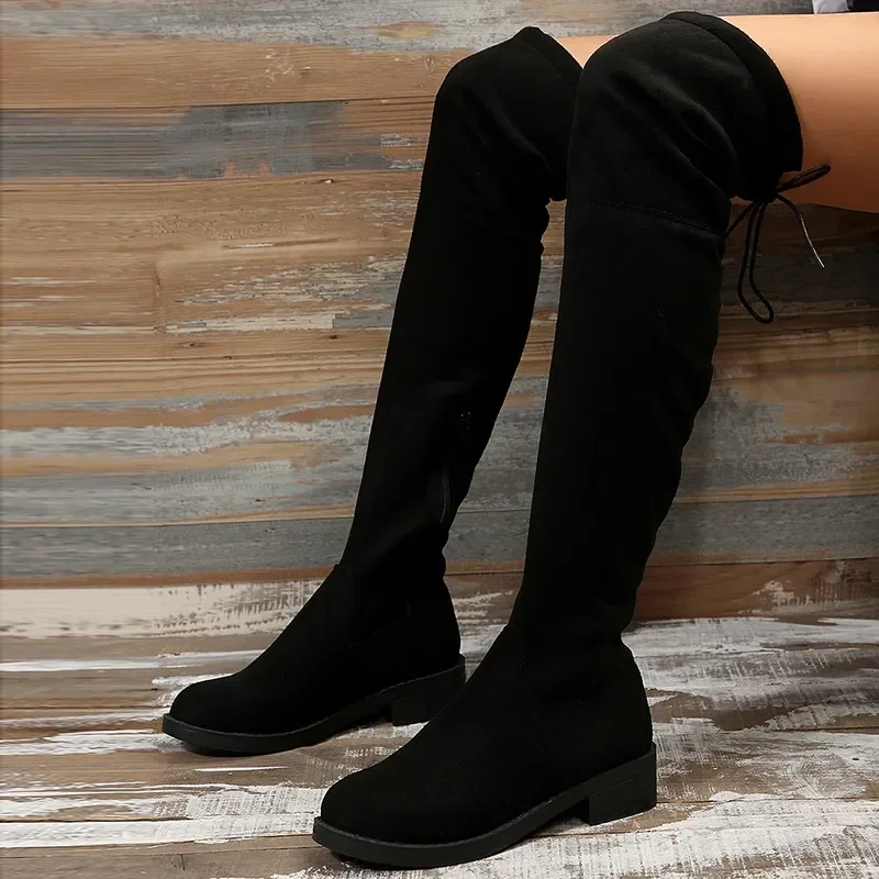 Stivali sopra il ginocchio alla moda Donna Autunno Inverno Stivali lunghi corti in peluche Donna Nero Flock Tacco basso Coscia alta Botas Big Size