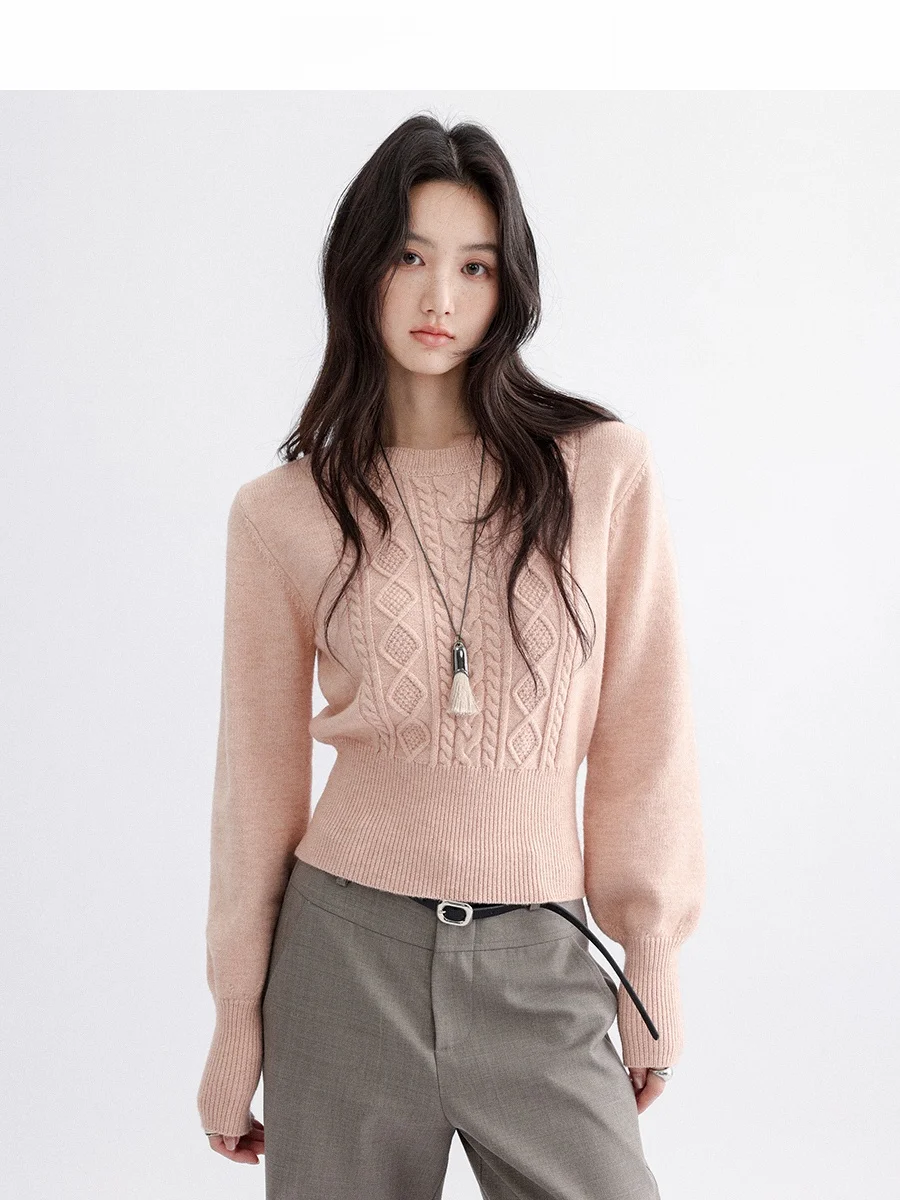 

CHACHA Early Spring Slim Fit Sweater Waist Cinched Soft Vintage Style Long Sleeve round Neck Color Top for Women