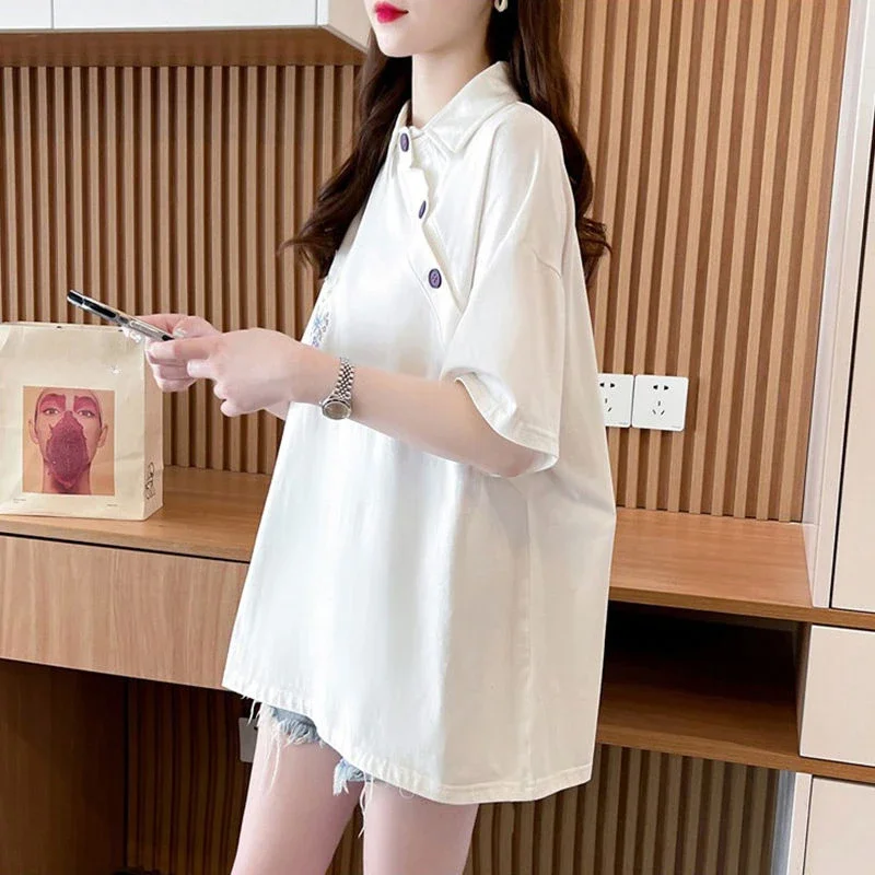 تي شيرت صيفي برقبة بولو للنساء تي شيرت نسائي جرافيك ملابس على الطراز الكوري ملابس شبابية جميلة أصلية