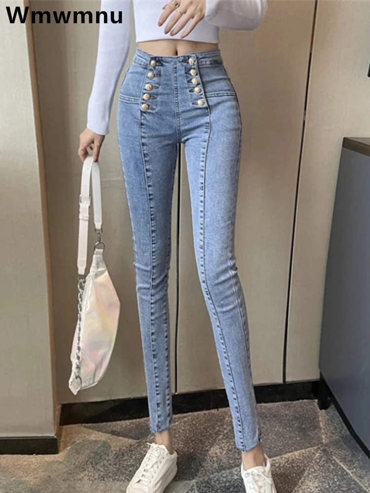 Sexy High Wasit Double-breasted Pencil Jeans Women Streetwear Skinny Ankle-length Vaqueros Vintage Blue Leggings Denim Pants New