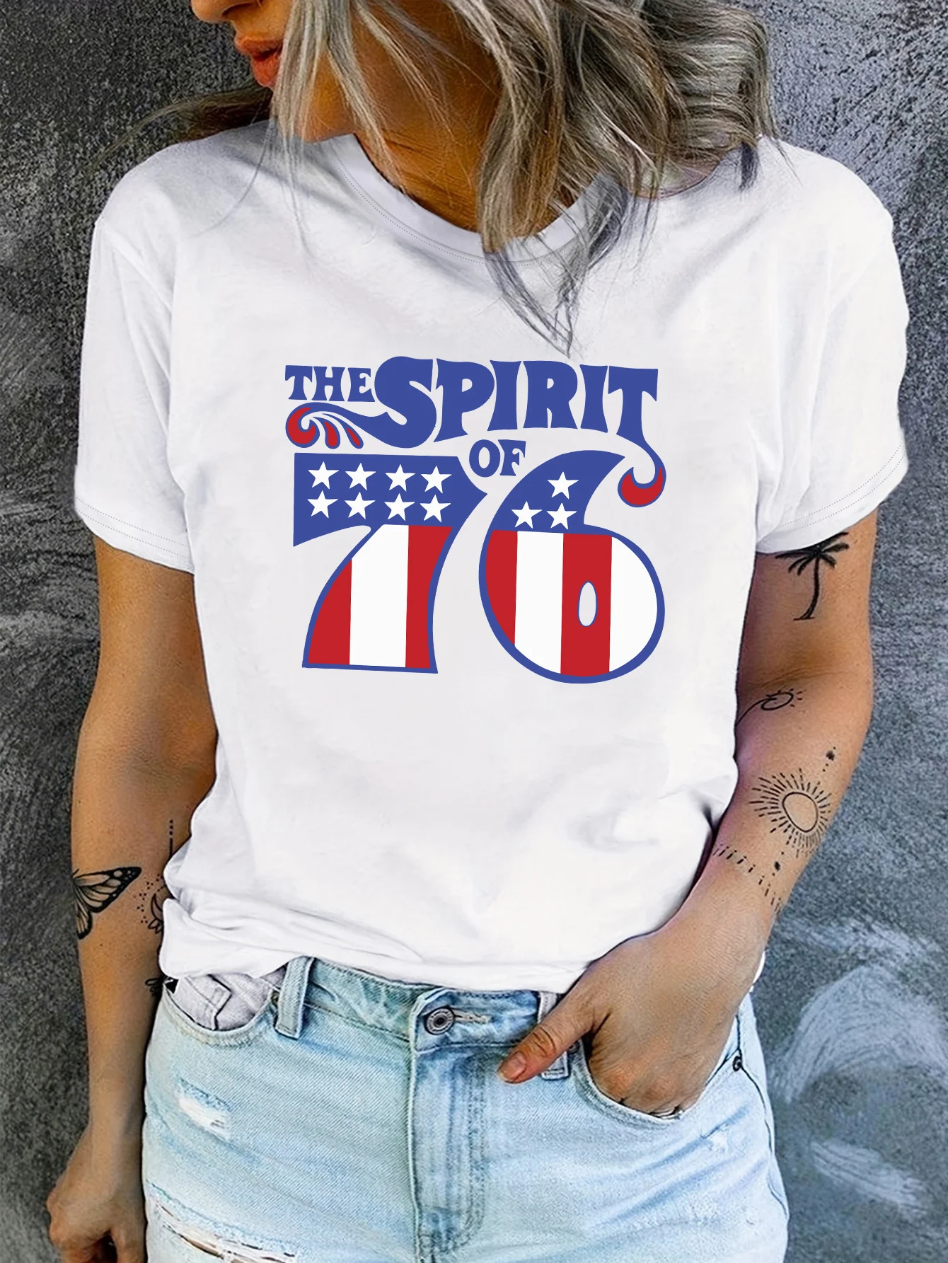 

Independence Day Letter Print T-shirt, Short Sleeve Crew Neck Casual Top For Summer & Spring, Women's Clothing