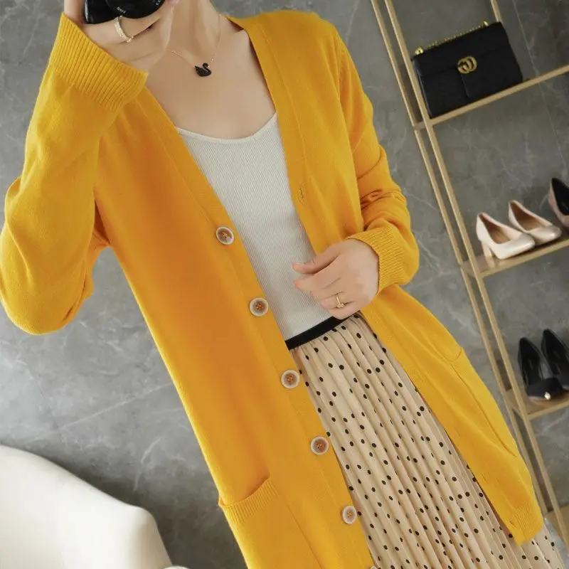 Midi Cardigan Women Soft Knit Coat Sweater Spring Fall V-neck Versatile Outerwear Single-breasted Long-sleeve Straight Sweater