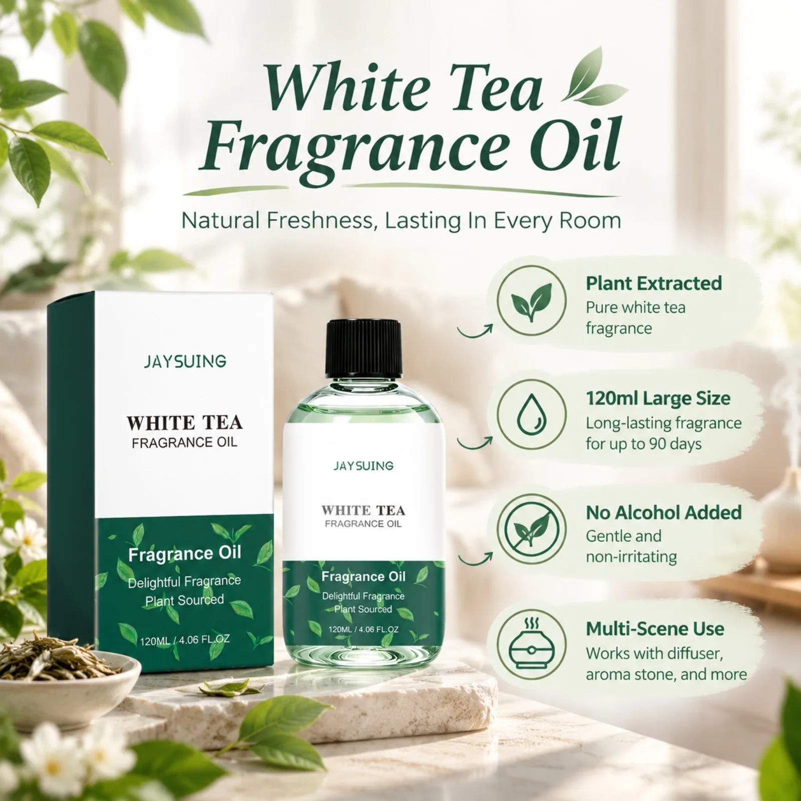 White Tea Fragrance Oil Plant Sourced Delightful Scent for Home Bedroom Living Room Office Air Freshener Relaxing Aromatherapy