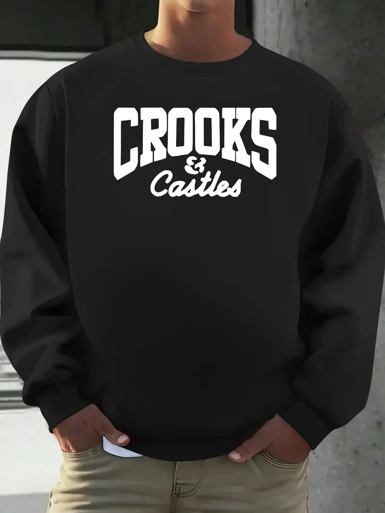 سترة بقلنسوة مطبوعة على الطراز القوطي باللون الأسود/الأبيض للرجال - نمط شعار Crooks & Castles، بلوفر بأكمام طويلة fo
