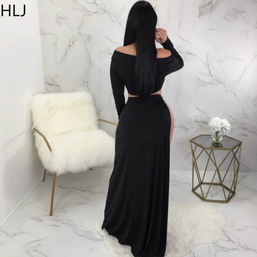 HLJ Black Sexy Solid Color High Side Slit Skirts Two Piece Sets Women Off Shoulder Long Sleeve Hollow Crop Top And Skirts Outfit