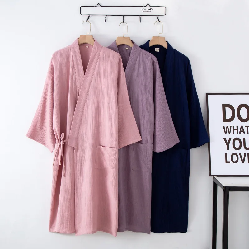 

Women's Solid Cotton Bathrobe Long Sleeve V Neck Ladies Kimono Pockets Loose Lace Up Oversize Dressing Gown For Female 2023
