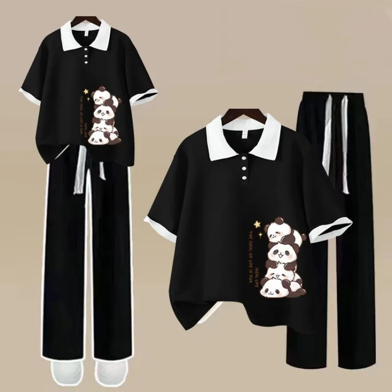 Women's Summer Cute Cartoon Panda Polo Shirts Wide Leg Pants Two Piece Suit Lady Casual Loose Short Sleeve Top Trosuers Set 2025