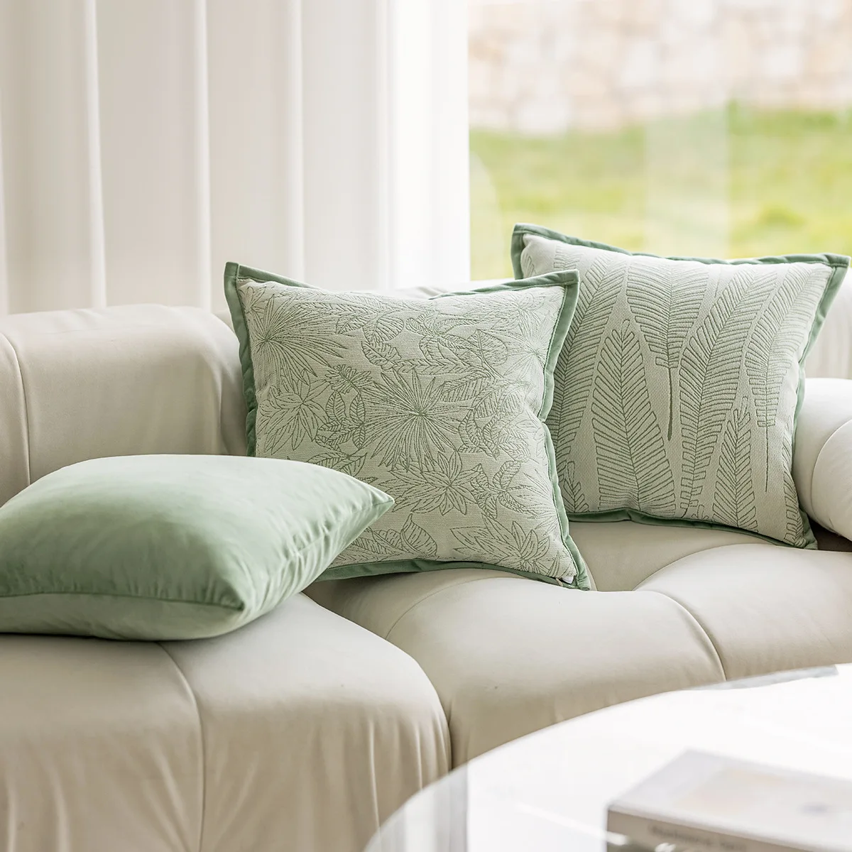 Soft Chenille Sage Green Pillow Covers 45x45cm, Boho Farmhouse Decor for Sofa Bedroom Living Room, Textured Trim Cushion Cases