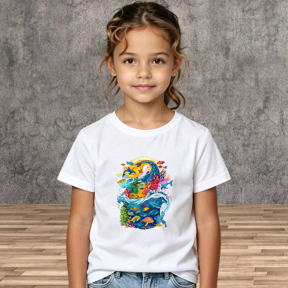 Kids Summer Fashion T-Shirt Boys Girls Vibrant Underwater Scene Print Short Sleeve Children Tops Marine Life Shirts