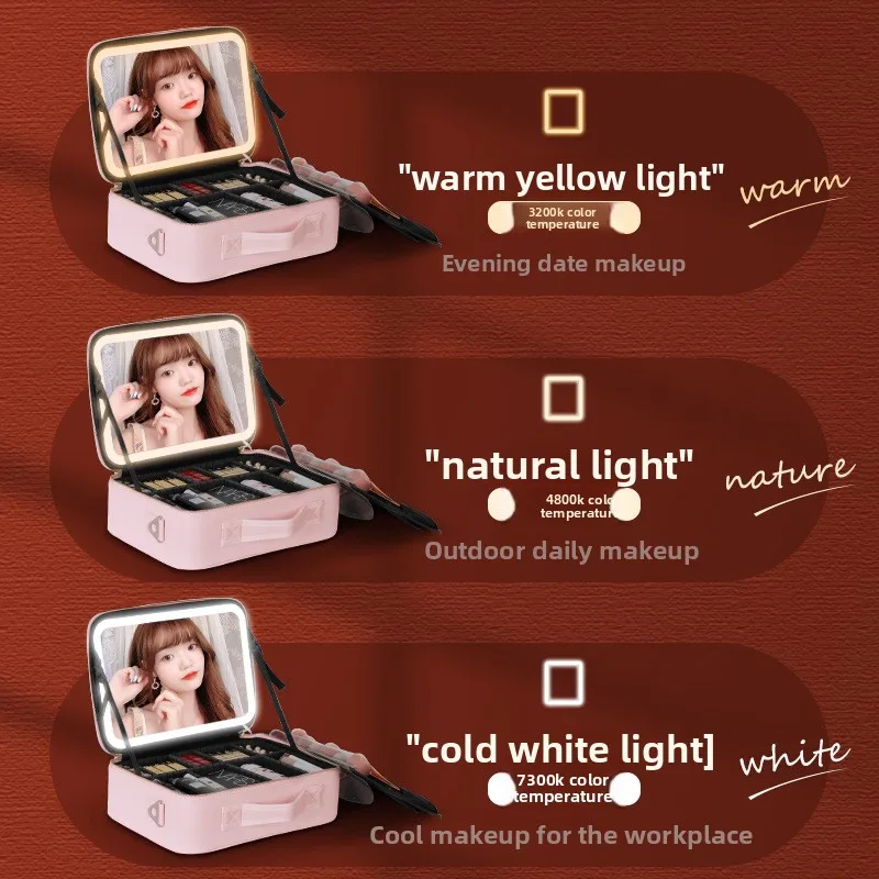대용량 화장품 가방 거울과 램프 포함 메이크업 스킨케어 제품 화장품 보관 가방 휴대용 여행 보관 가방