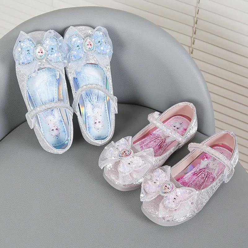 Disney Princess Shoes for Girls PU Leather Flats Fashion Crystal Soft Sole Shining Diamond Casual Loafer Blue Shoes Size 23-34