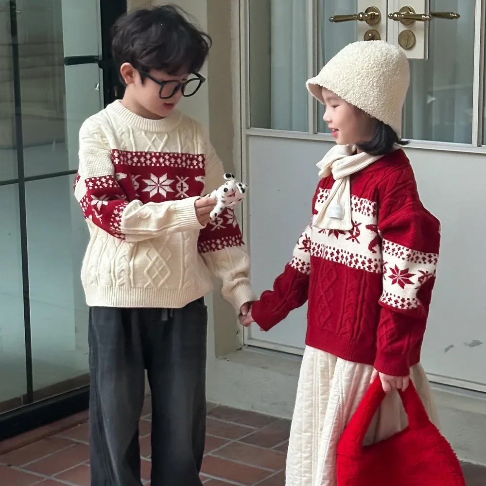 4773 Children Knitted Sweater 2024 Winter New Snowflake Knitted Boy's Knitted Sweater Christmas Clothes Warm Tops