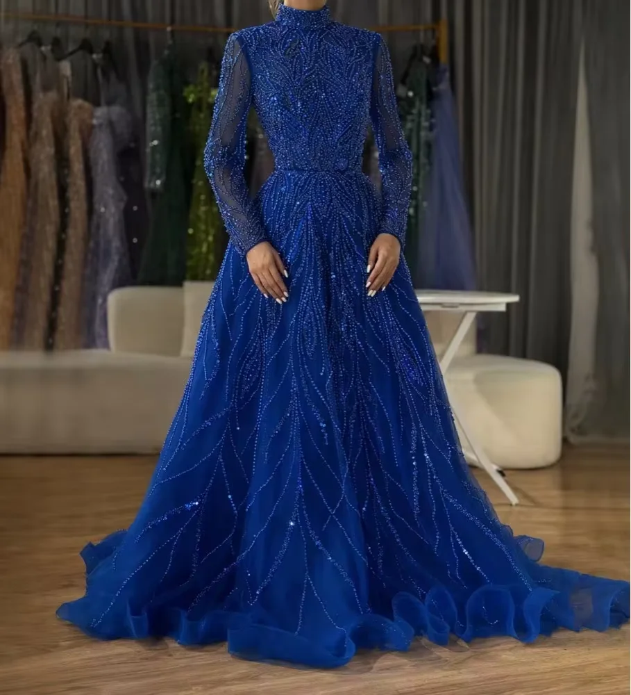 dubai formal dresses Evening Muslim Blue High Neck A-Line Long Sleeves Beaded Appliques Party Gowns For Special Occasion Customized category: 3 Piece Suits