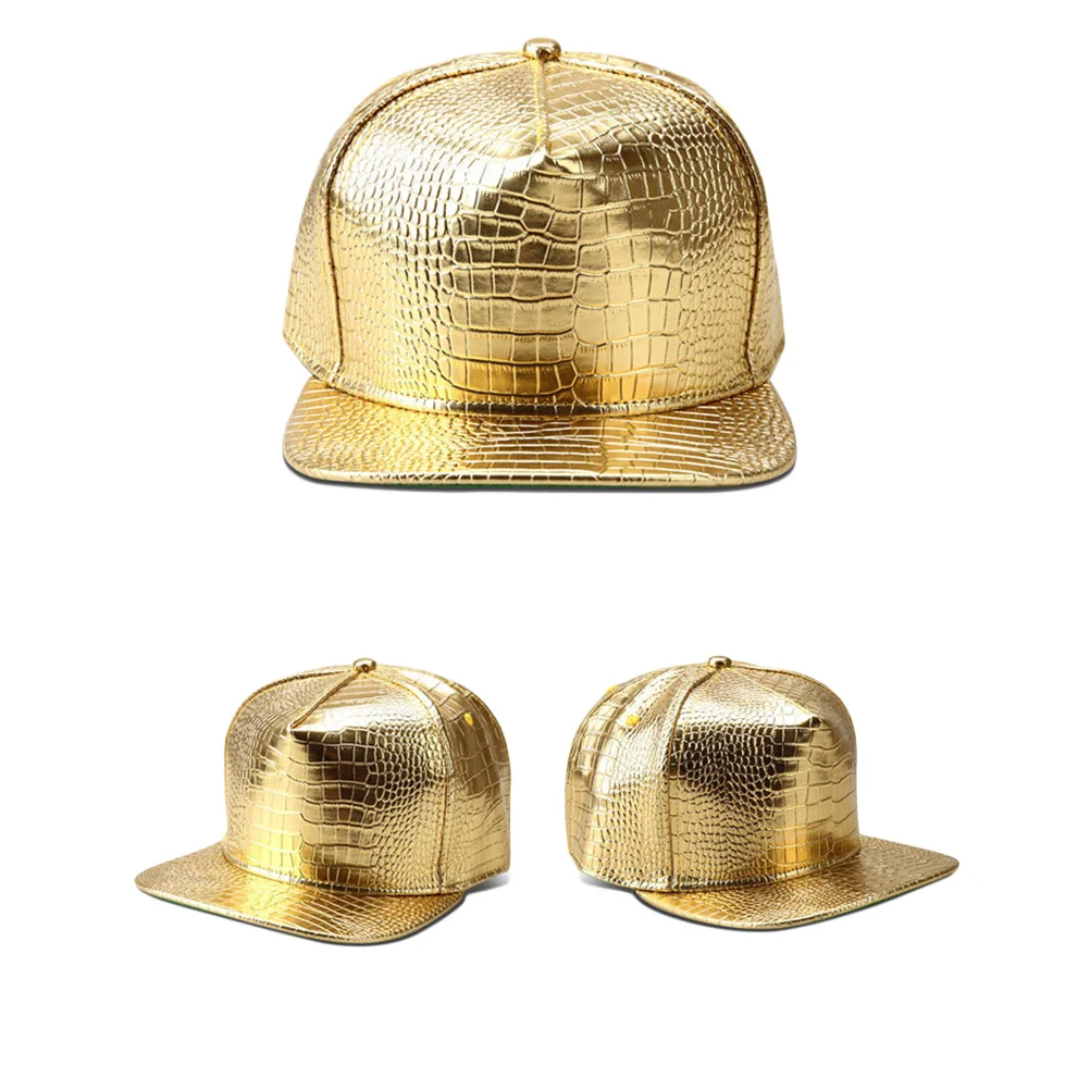

Gold Baseball Cap PU Adjustable Hip Hop Flat Brim Unisex Snapback Hat 27x18x11cm Baseball Cap