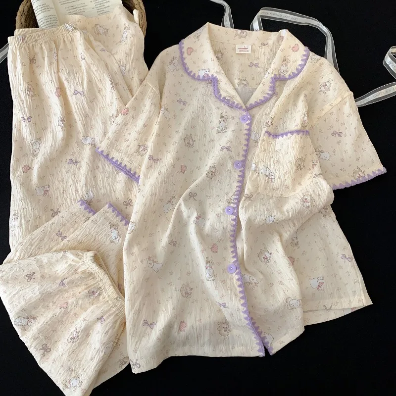 New High Quality Women's Pajamas Set Rabbit and Bow Print Sleepwear Homewear Casual Cute Short Sleeve 3 Piece Pajamas Set