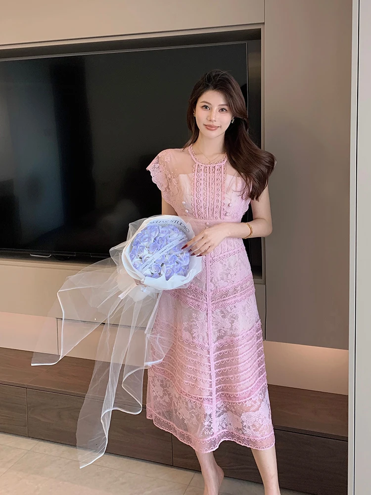 

Ele розовая кружевная сказочная юбка с вышивкой, миди Dr, женское платье трапециевидной формы с высокой талией, сезон весна, лето, осень