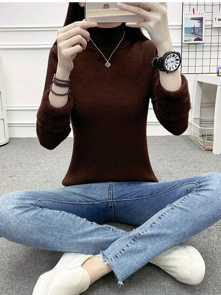 Slim Plush Half Turtleneck Sweaters Womens Knitwears Velvet Warm Jumper Elastic Thick Knitted Pullovers Soft Fleece Jersey Suete