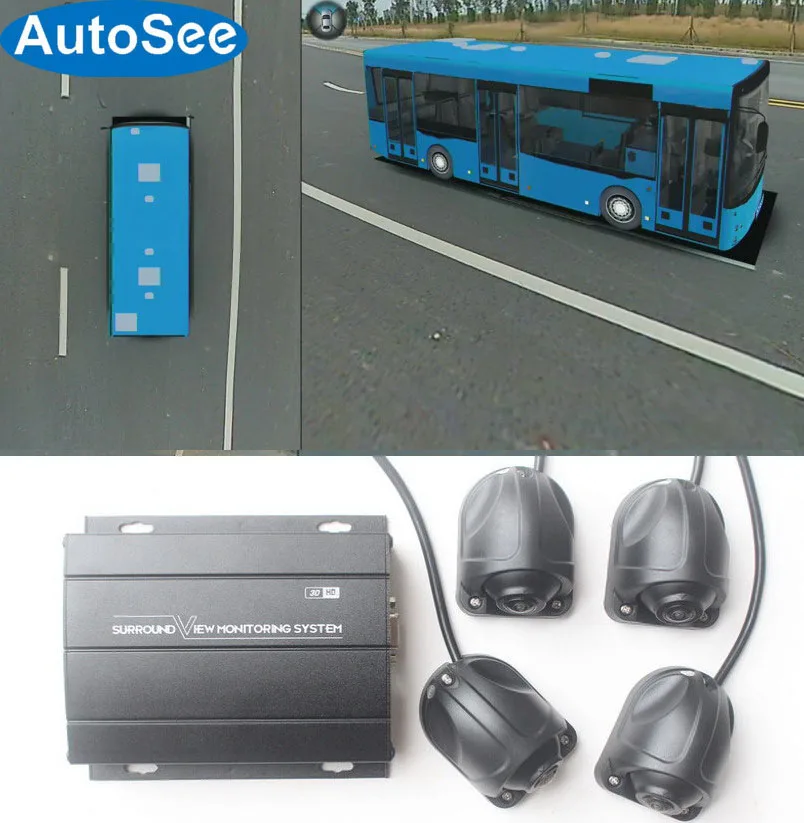 2-3 door Bus Coach 360 degree cameras bird eye 3D panoramic view front rear side Surround parking monitoring 4 way dash system