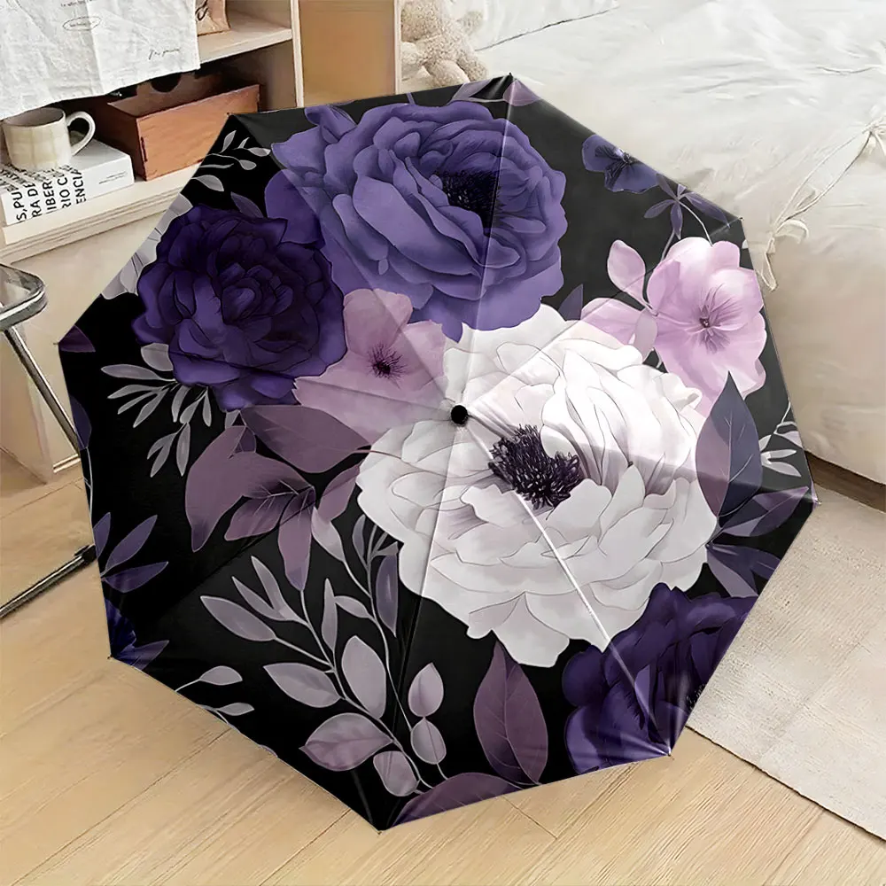 1PC Elegant Floral Umbrella with Purple and White Blooms Print 8 Iron Ribs Folding Umbrella Auto-Open Fashion Sunshade