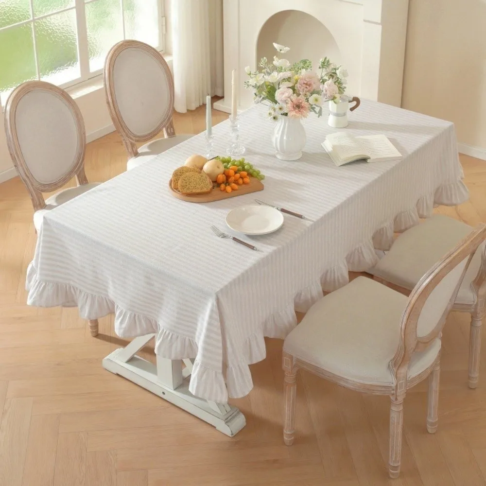 Vertical Striped Table Cover Washable Wrinkle-Resistant Farmhouse Tablecloth Ruffle Trim Striped Ruffle Tablecloth Kitchen