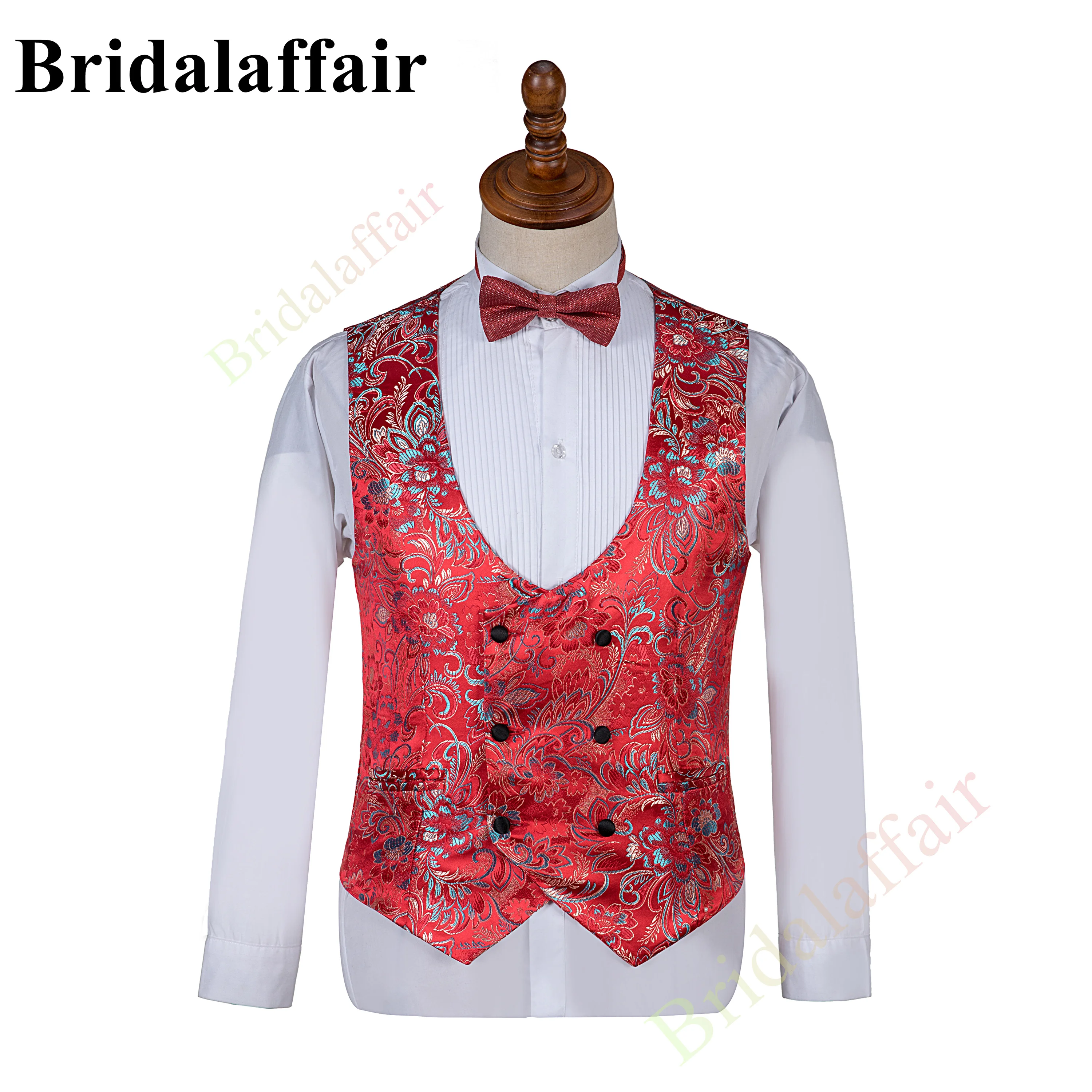 Bridalaffair Mens Red Suits Slim Fit Jacquard Floral Printed Wedding Tuxedo Suit for Men 3pcs Blazer Jacket Vest Pant Costume