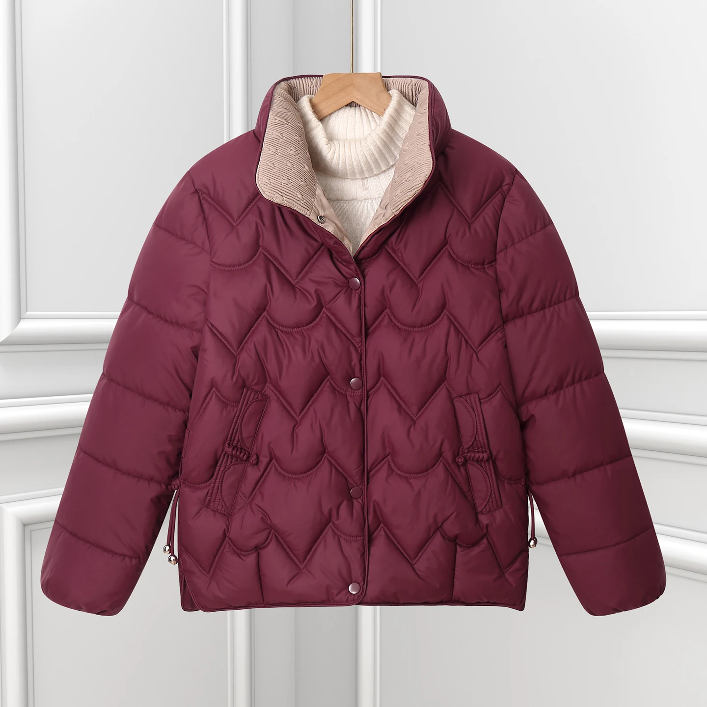 الشتاء Thiened أسفل القطن Jaet المرأة Faionable الوقوف طوق ملابس خارجية فضفاضة الكورية Sle طويلة Sve طول منتظم #2