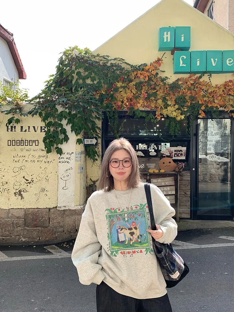 

JC Vintage Store Prairie Rhapsody Cow Fun Print Oversized Fce Women's Sweatirt Winter Lazy Feel Top round Ne Long Sve