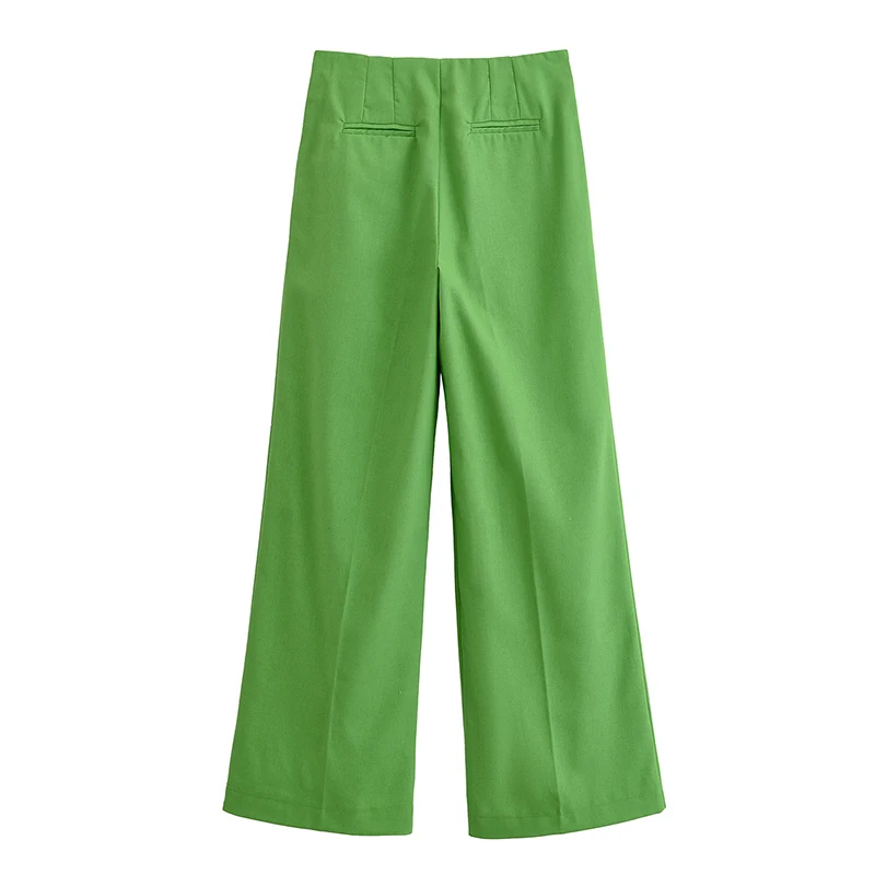 YENKYE جديد الخريف النساء موضة مكتب ارتداء عادية بنطال ذو قصة أرجل واسعة خمر عالية الخصر تنوعا بنطلونات خضراء