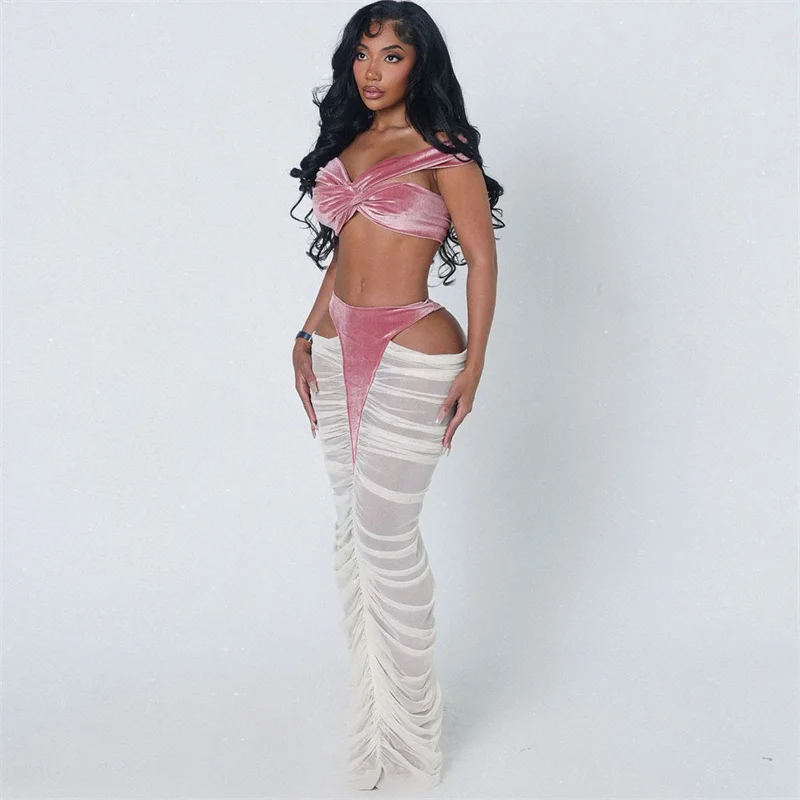 Conjunto de noche Sexy para mujer, conjunto de 2 piezas, ropa de Club, fiesta Rave, cuello oblicuo, Top corto calado y falda larga, conjuntos de vestido de malla