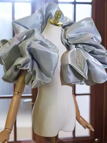 New exaggerated ruffle silver grey prom evening dress Shawl wrap Hand Sleeves Performance wrap