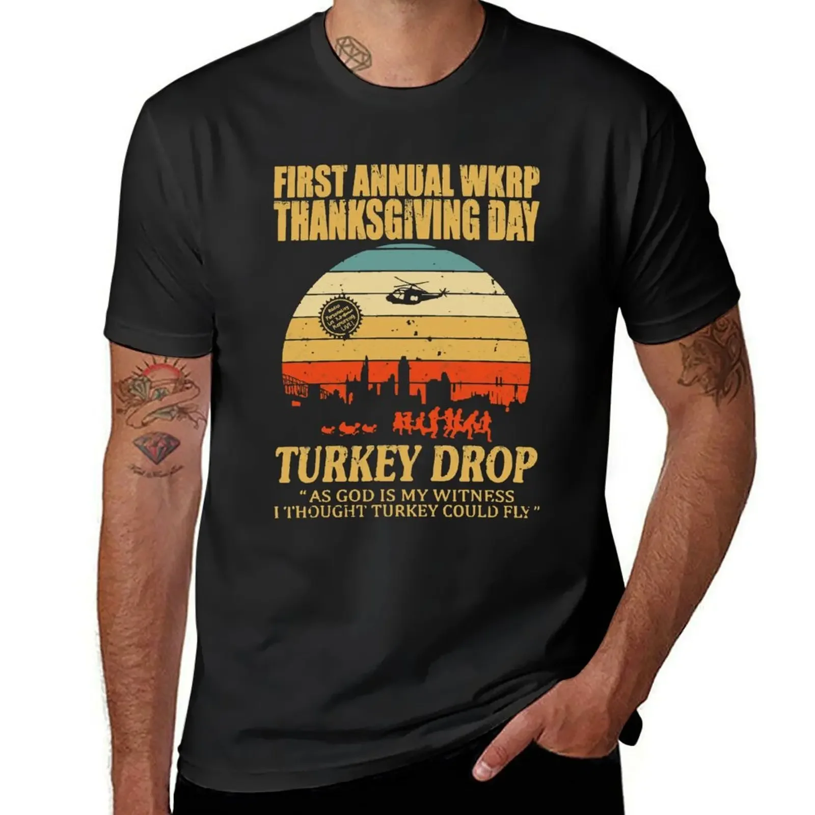 First anuual WKRP Turkey Drop with Les Nessman Distressed T-Shirt graphic t shirts Aesthetic clothing Men's t shirts