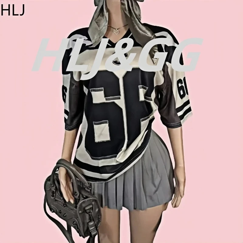 HLJ Y2K Letter Print Loose Tshirt Two Piece Sets Outfits Women V Neck Short Sleeve Top And Pleated Mini Skirts Trend Streetwear