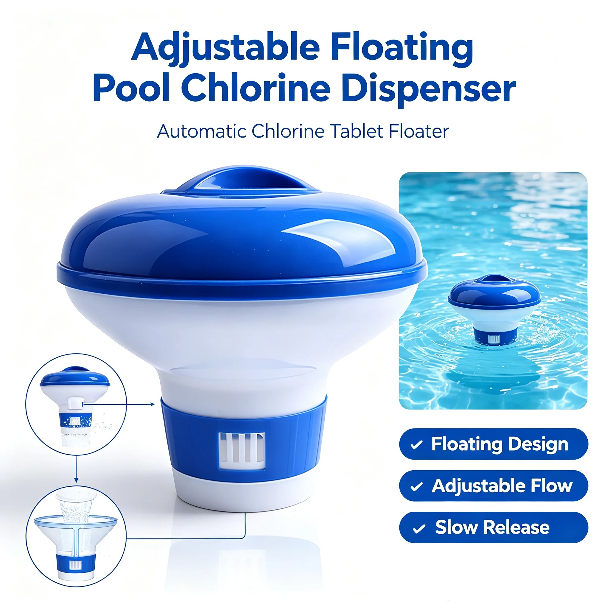 Adjustable Floating Pool Chlorine Dispenser Swimming Pool Chemical Tablet Floater for Spa Hot Tub Fountain Water Purification