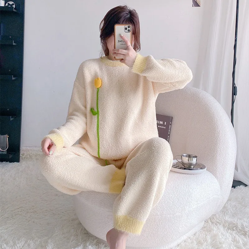 Sweet Girls Tulip Feather Yarn Soft Women Pajamas Set Winter Thick Warm Velvety Nightwear Female Pullover Ins Home Clothes