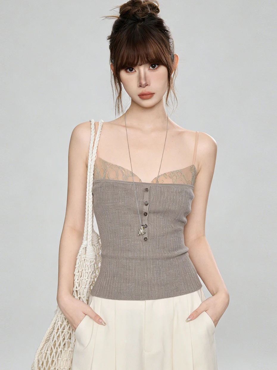 Lace Trim Camisole Vest Women Summer Outerwear Beautiful Back Base Suit Inner Match with Chest Pad Integrated Outerwear Top