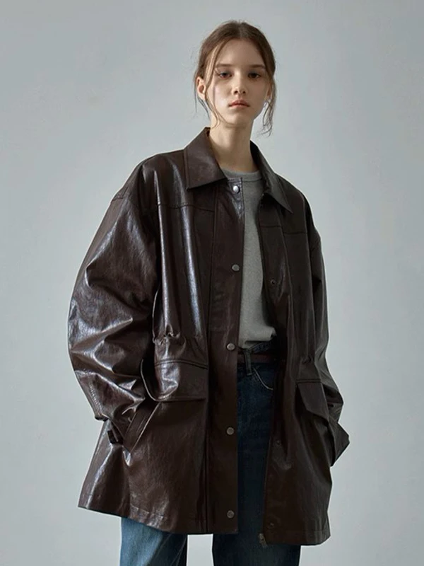 Cappotto in Pelle di Media Lunghezza per Donna, Nuovo Stile Autunno Inverno, Vestibilità Comoda, Maniche Lunghe, Colletto Quadrato, Materiale PU